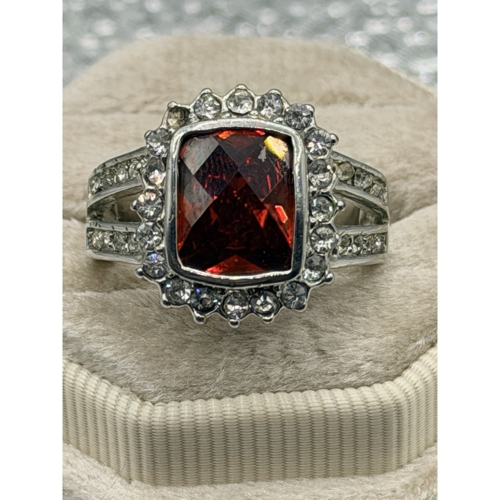 Red Square‎ CZ  Emerald Cut Clear Rhinestones Halo Ring Size 7 Silver Tone